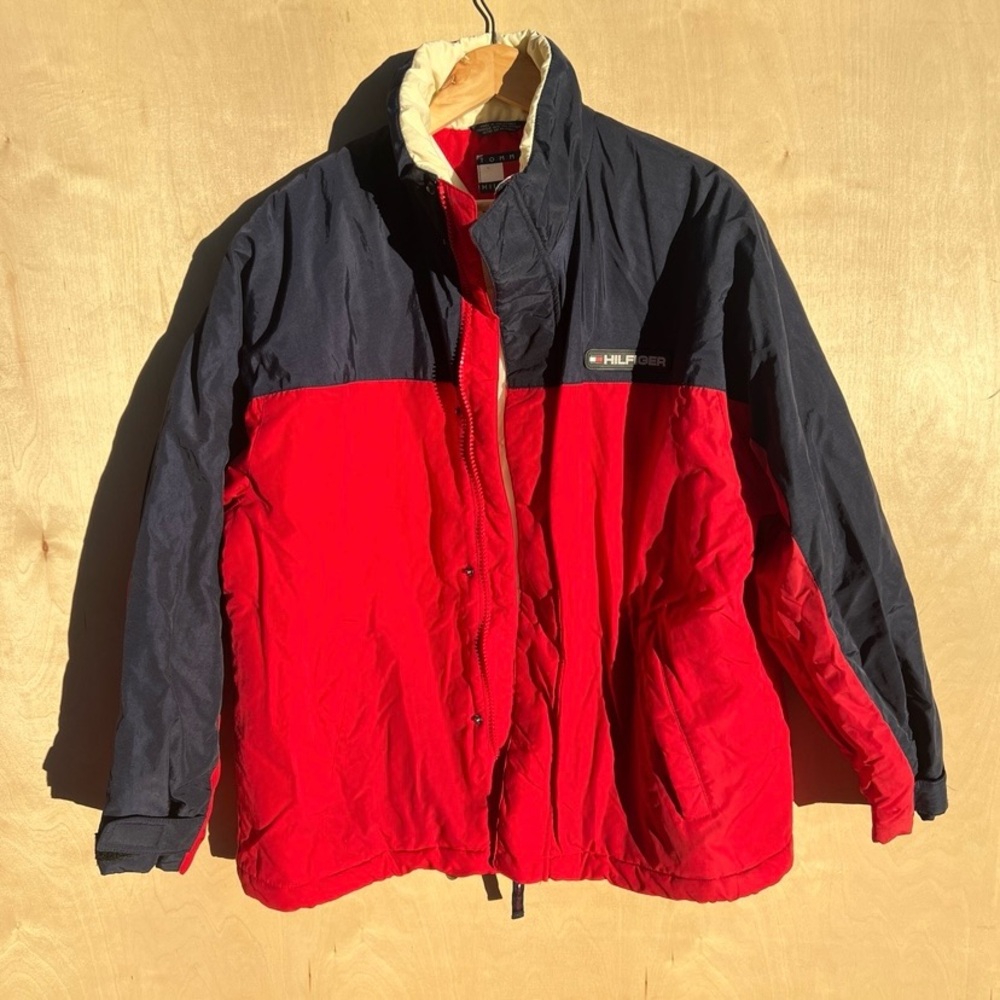 true vintage 90s tommy hilfiger ski jacket colorblock red white and navy medium